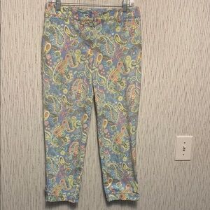Colorful Paisley Talbots Size 4 Light Blue Cropped Pants Front Zip Button